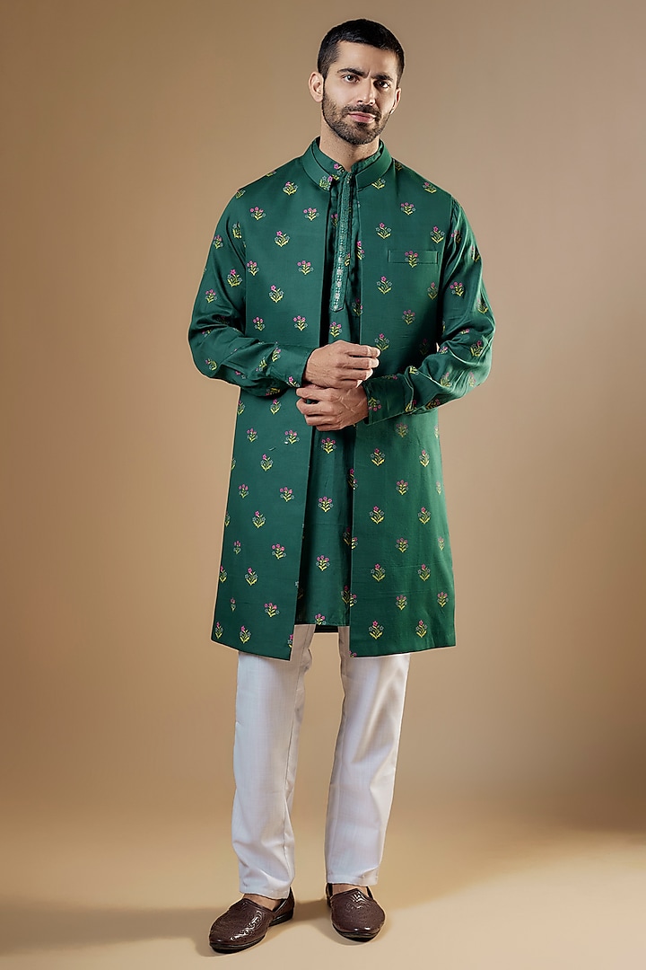 Emerald Green Rayon Floral Printed Indowestern Set by Spring Break Men