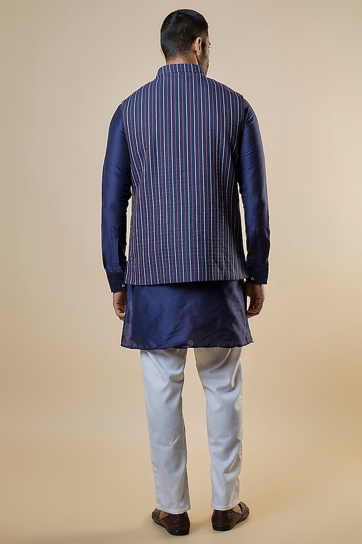 Navy Blue Denim Stripe Printed Bundi Jacket Set by Spring Break Men at Pernia's Pop Up Shop