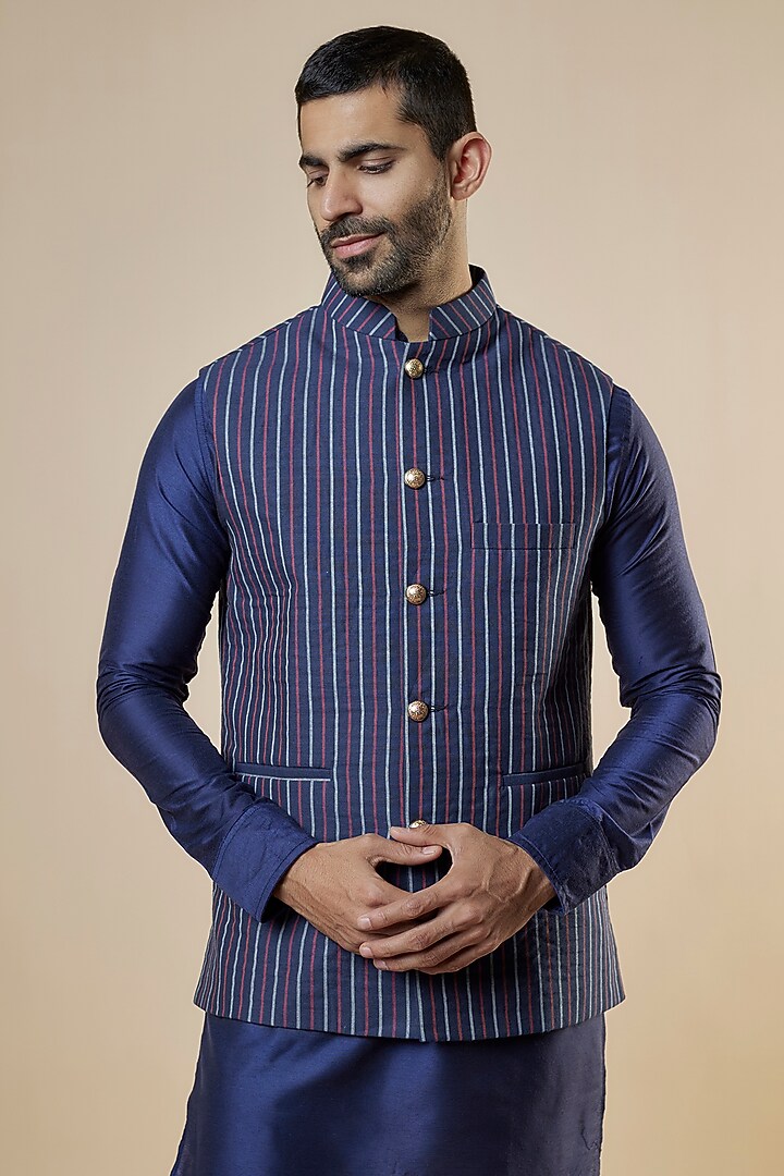 Navy Blue Denim Stripe Printed Bundi Jacket Set by Spring Break Men at Pernia's Pop Up Shop