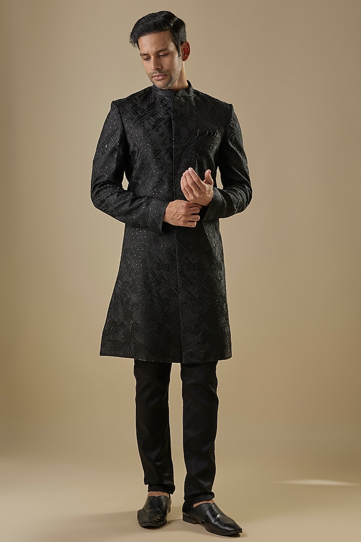 Black Dupion Silk Embroidered Sherwani Set by Spring Break Men