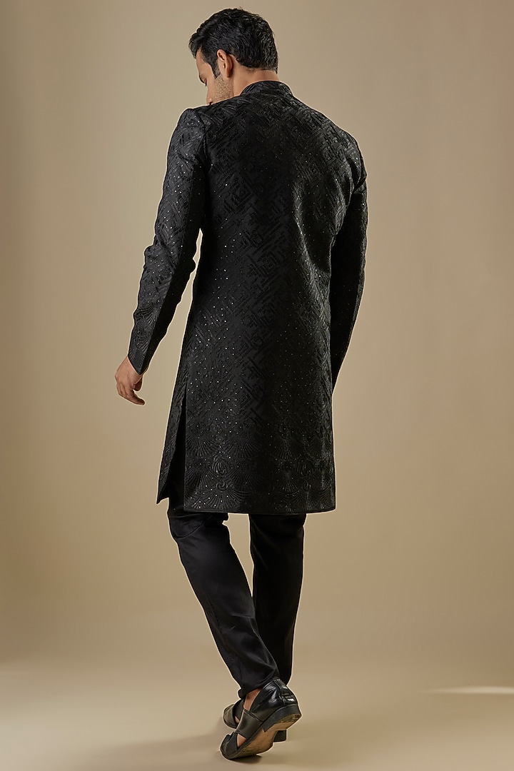 Black Dupion Silk Embroidered Wedding Sherwani Set by Spring Break Men at Pernia's Pop Up Shop