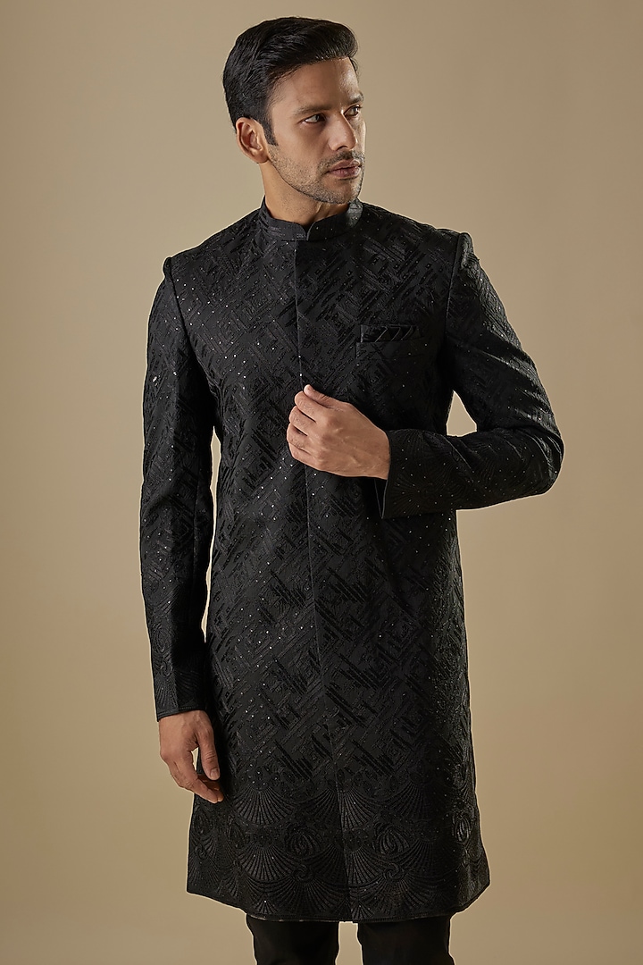 Black Dupion Silk Embroidered Wedding Sherwani Set by Spring Break Men at Pernia's Pop Up Shop