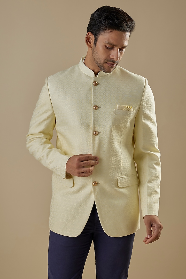 Cream Cotton Silk Floral Jacquard Bandhgala by Spring Break Men at Pernia's Pop Up Shop