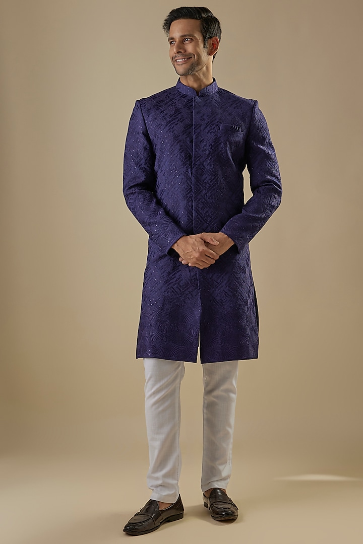 Navy Blue Dupion Silk Applique Embroidered Sherwani Set by Spring Break Men