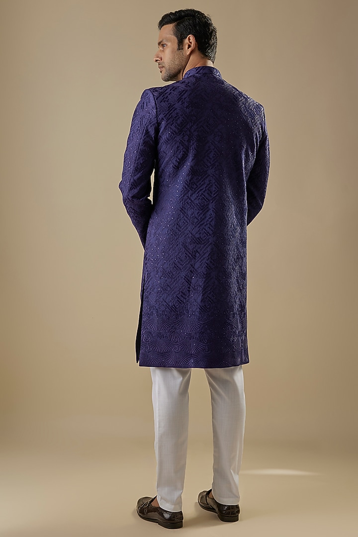 Navy Blue Dupion Silk Applique Embroidered Wedding Sherwani Set by Spring Break Men at Pernia's Pop Up Shop