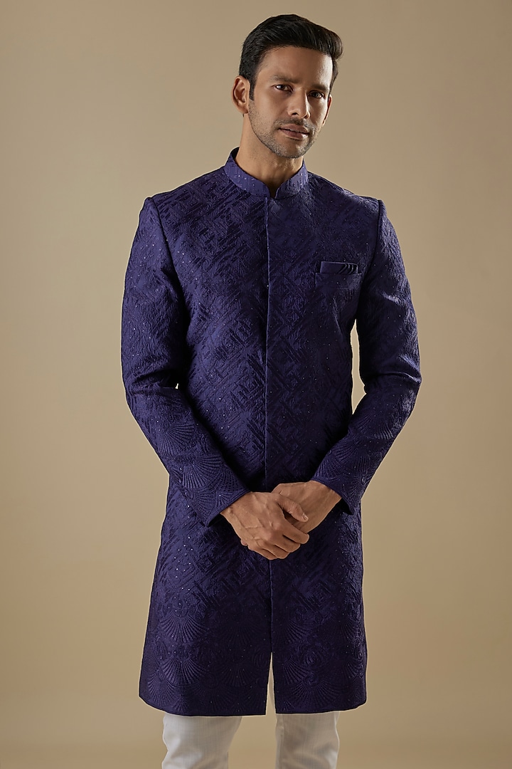 Navy Blue Dupion Silk Applique Embroidered Wedding Sherwani Set by Spring Break Men at Pernia's Pop Up Shop
