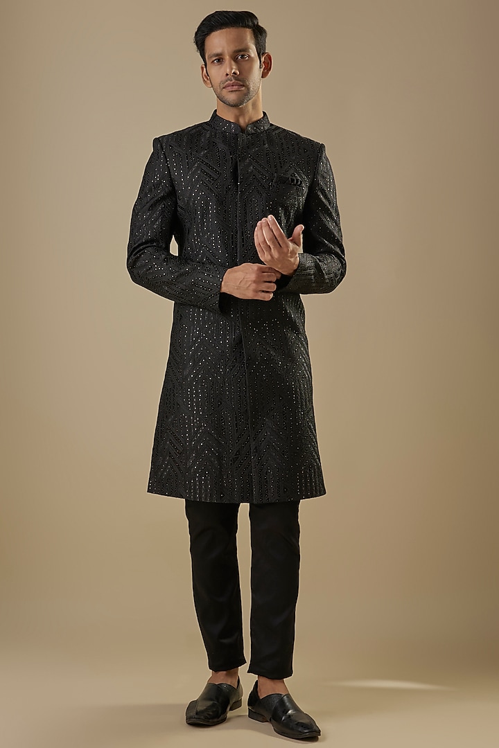 Black Dupion Silk Applique Embroidered Sherwani Set by Spring Break Men