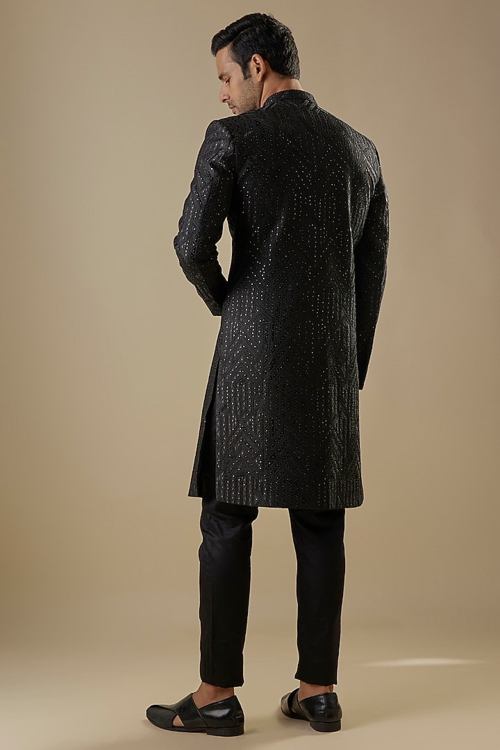 Black Dupion Silk Applique Embroidered Wedding Sherwani Set by Spring Break Men at Pernia's Pop Up Shop