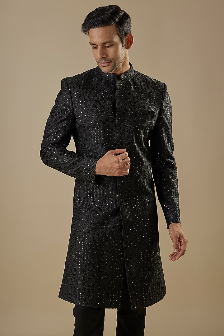 Black Dupion Silk Applique Embroidered Wedding Sherwani Set by Spring Break Men at Pernia's Pop Up Shop