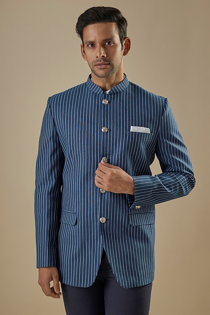 Navy Blue Denim Cotton Stripe Printed Bandhgala by Spring Break Men