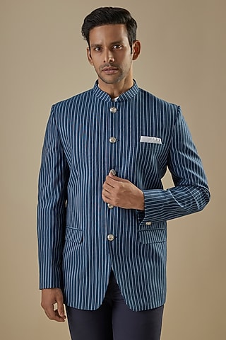 Navy Blue Denim Cotton Stripe Printed Bandhgala by Spring Break Men