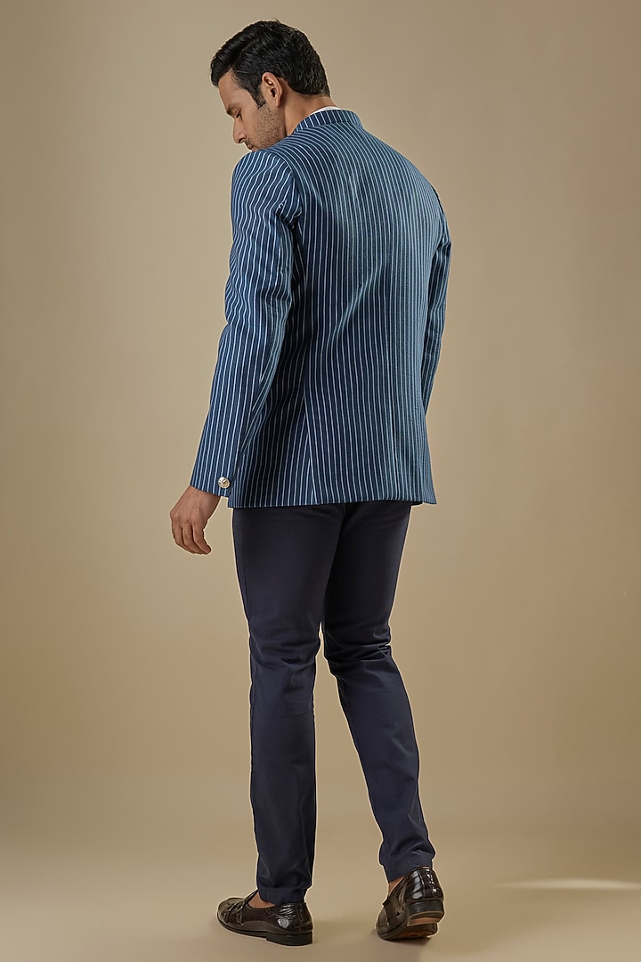 Navy Blue Denim Cotton Stripe Printed Bandhgala by Spring Break Men at Pernia's Pop Up Shop