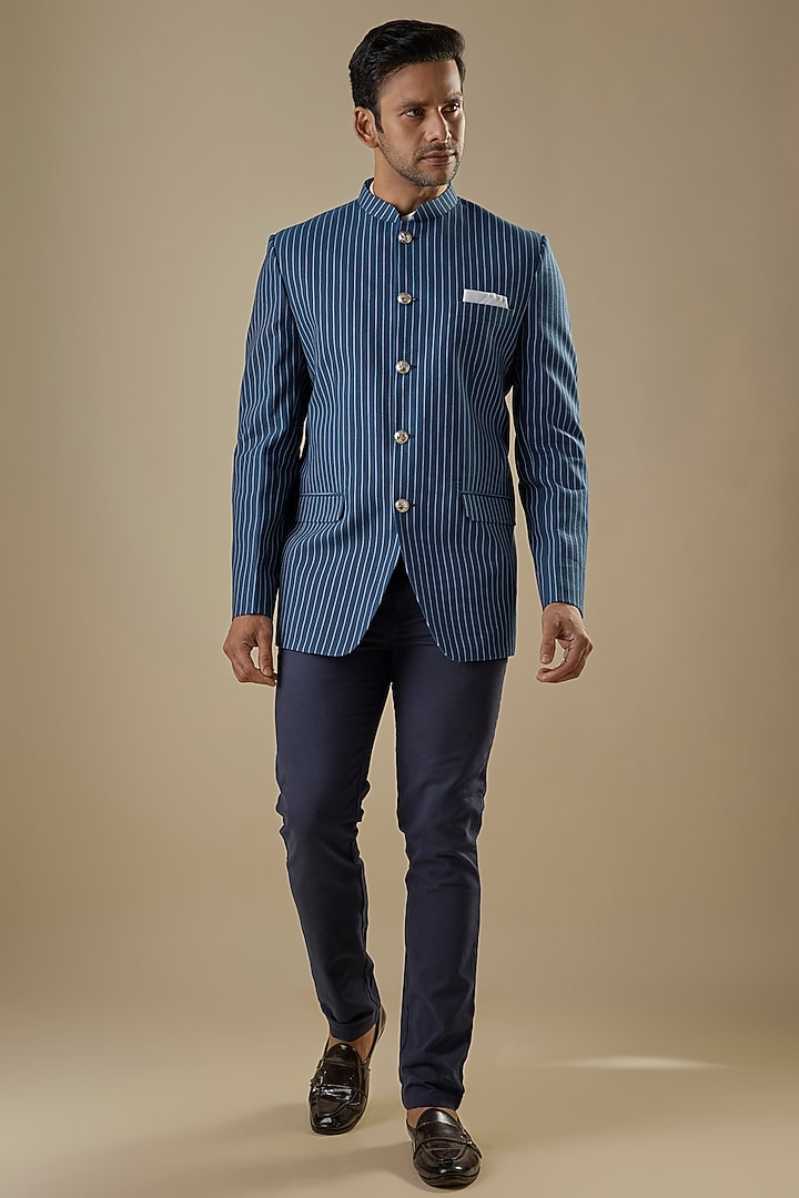 Navy Blue Denim Cotton Stripe Printed Bandhgala by Spring Break Men at Pernia's Pop Up Shop