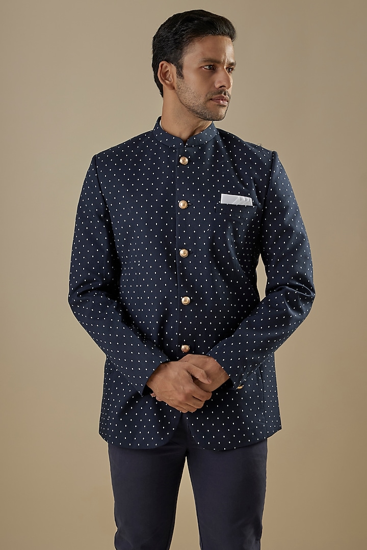 Navy Blue Cotton Polka Dot Printed Bandhgala by Spring Break Men at Pernia's Pop Up Shop