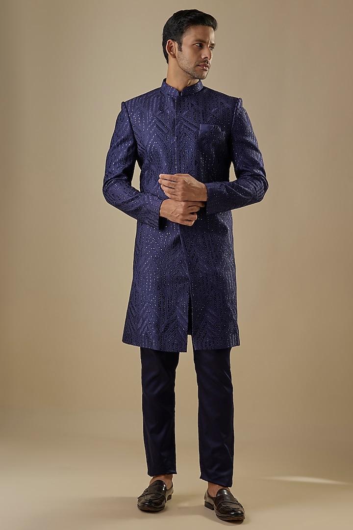 Navy Blue Dupion Silk Geometric Embroidered Sherwani Set by Spring Break Men