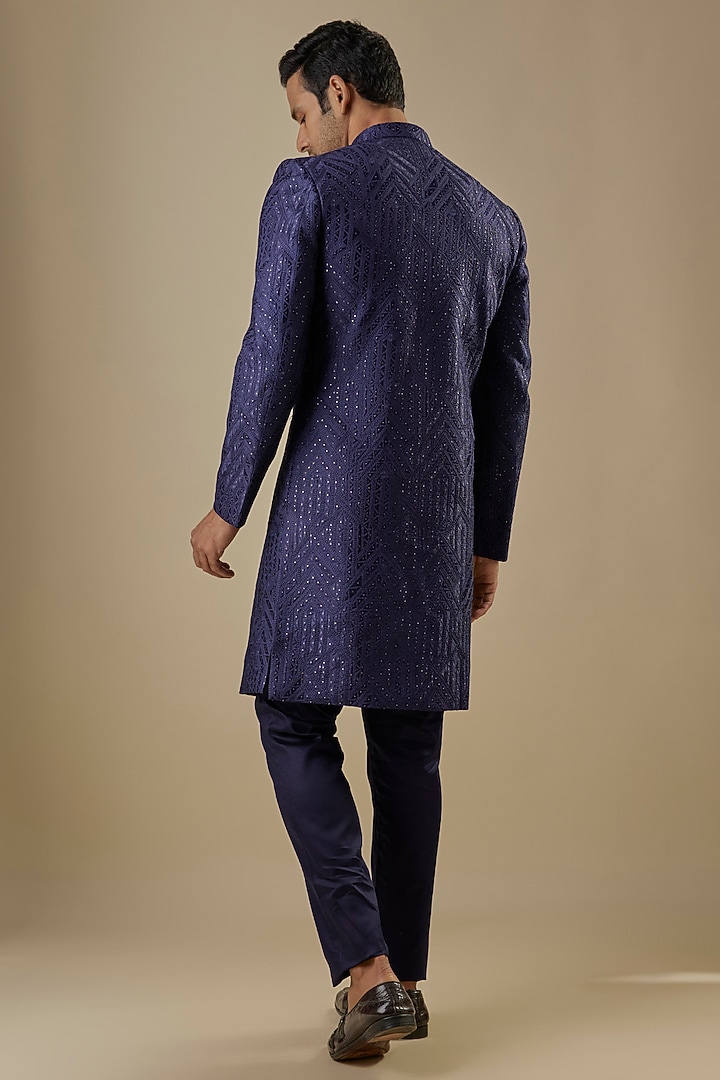 Navy Blue Dupion Silk Geometric Embroidered Wedding Sherwani Set by Spring Break Men at Pernia's Pop Up Shop