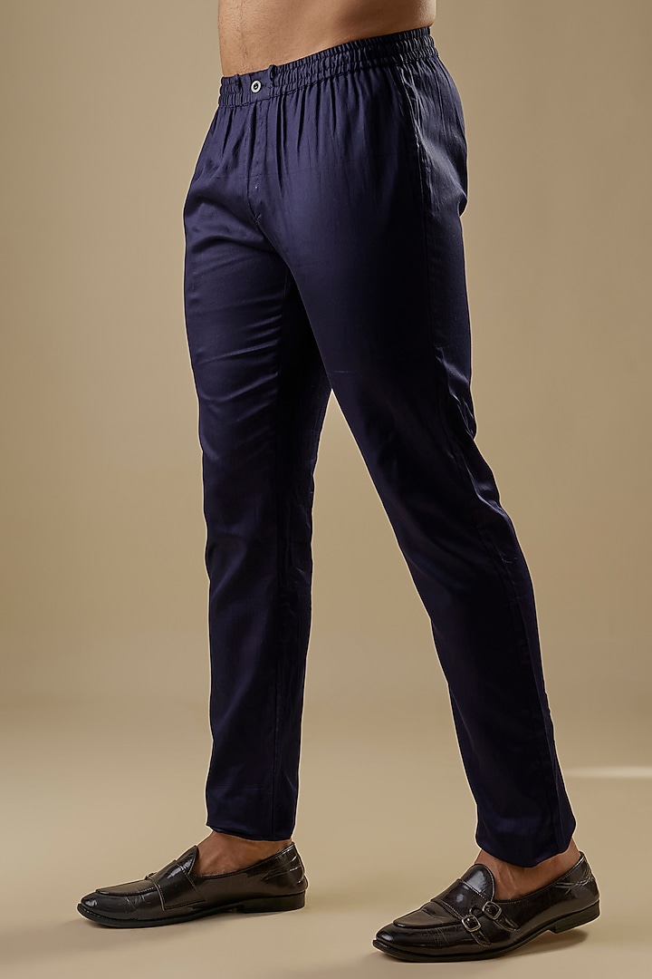 Navy Blue Dupion Silk Geometric Embroidered Wedding Sherwani Set by Spring Break Men at Pernia's Pop Up Shop