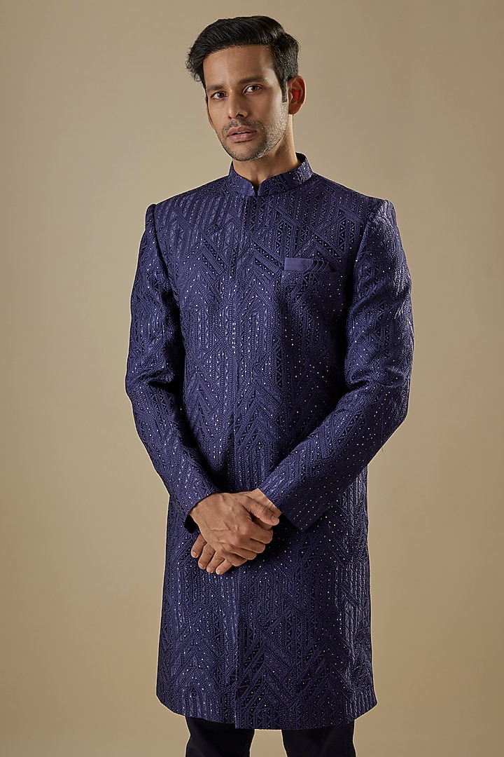 Navy Blue Dupion Silk Geometric Embroidered Wedding Sherwani Set by Spring Break Men at Pernia's Pop Up Shop