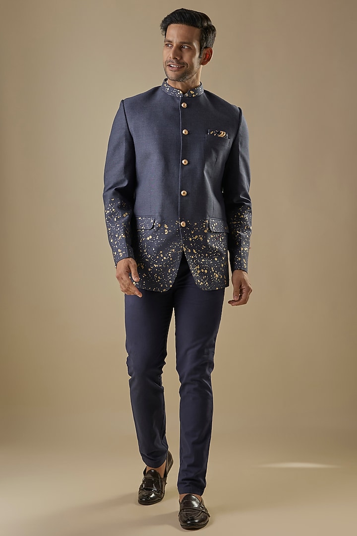 Blue Cotton Silk Printed Bandhgala by Spring Break Men at Pernia's Pop Up Shop