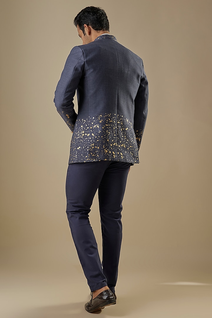 Blue Cotton Silk Printed Bandhgala by Spring Break Men at Pernia's Pop Up Shop