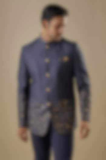 Blue Cotton Silk Printed Bandhgala by Spring Break Men at Pernia's Pop Up Shop