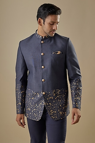 Blue Cotton Silk Printed Bandhgala by Spring Break Men
