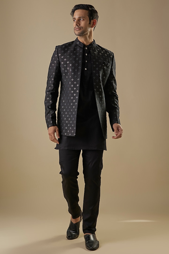 Black Dupion Silk Embroidered Open Indowestern Jacket Set by Spring Break Men at Pernia's Pop Up Shop