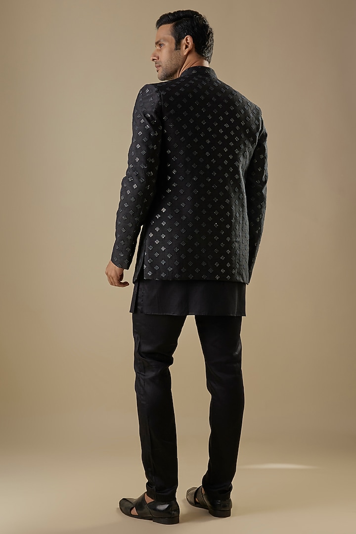 Black Dupion Silk Embroidered Open Wedding Indowestern Jacket Set by Spring Break Men at Pernia's Pop Up Shop