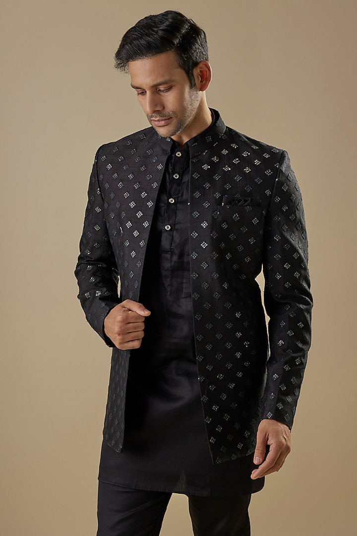 Black Dupion Silk Embroidered Open Wedding Indowestern Jacket Set by Spring Break Men at Pernia's Pop Up Shop