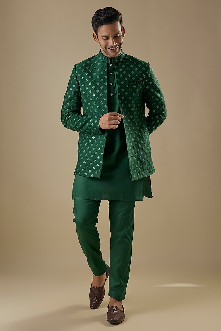 Emerald Green Dupion Silk Embroidered Open Jacket Set by Spring Break Men at Pernia's Pop Up Shop