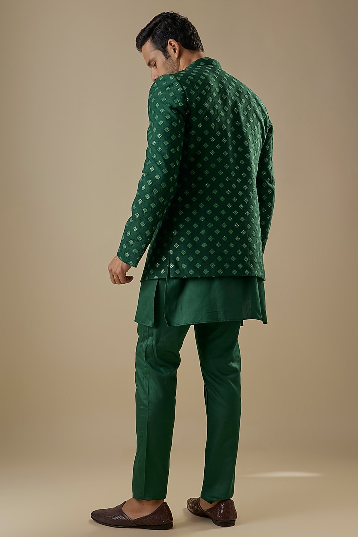 Emerald Green Dupion Silk Embroidered Open Jacket Set by Spring Break Men at Pernia's Pop Up Shop