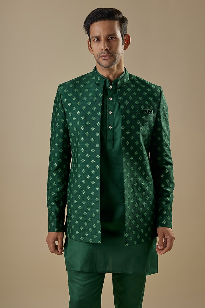 Emerald Green Dupion Silk Embroidered Open Jacket Set by Spring Break Men at Pernia's Pop Up Shop