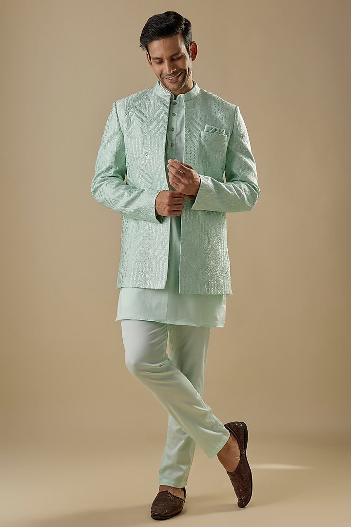 Mint Green Dupion Silk Embroidered Open Jacket Set by Spring Break Men at Pernia's Pop Up Shop