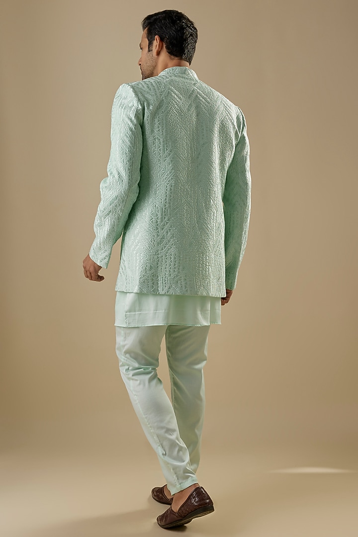 Mint Green Dupion Silk Embroidered Open Jacket Set by Spring Break Men at Pernia's Pop Up Shop