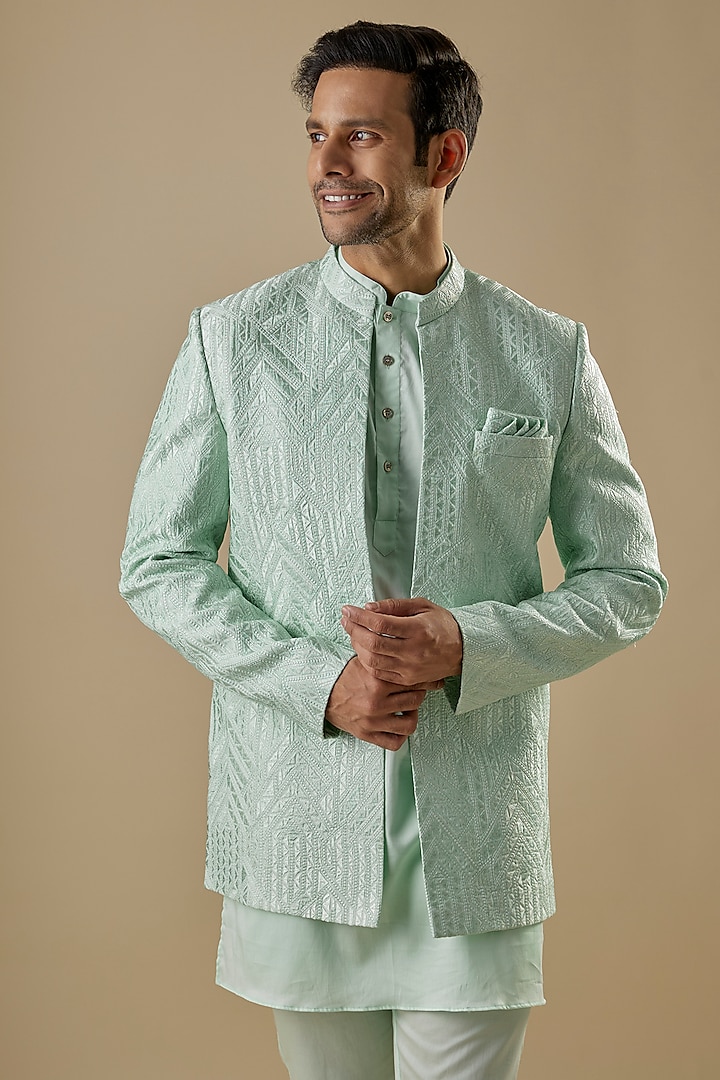 Mint Green Dupion Silk Embroidered Open Jacket Set by Spring Break Men at Pernia's Pop Up Shop