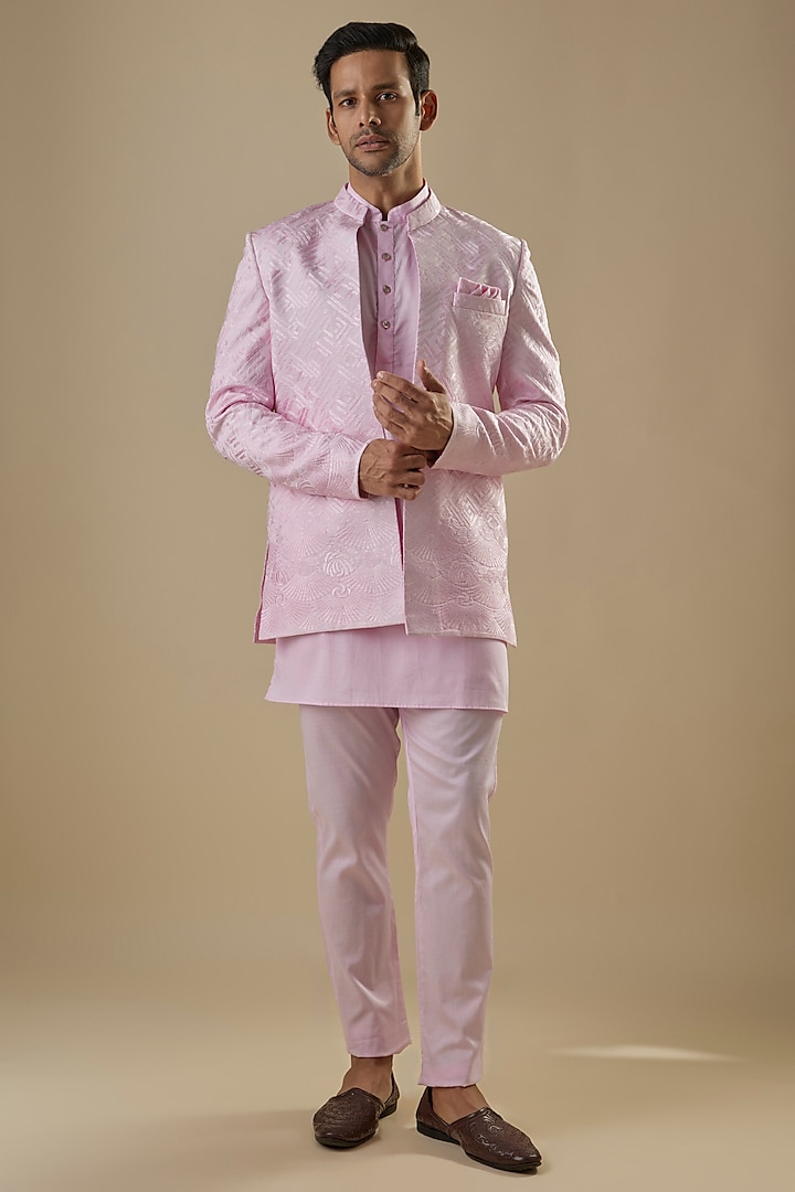 Lilac Dupion Silk Embroidered Open Jacket Set by Spring Break Men