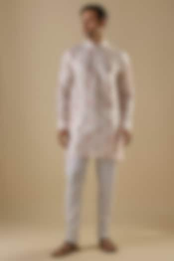 Light Pink Dupion Silk Leaf Embroidered Kurta Set by Spring Break Men at Pernia's Pop Up Shop