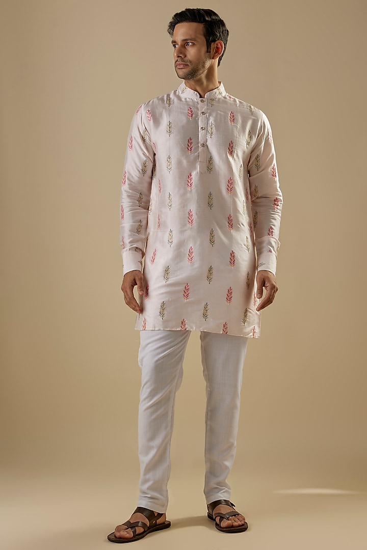 Light Pink Dupion Silk Leaf Embroidered Kurta Set by Spring Break Men at Pernia's Pop Up Shop