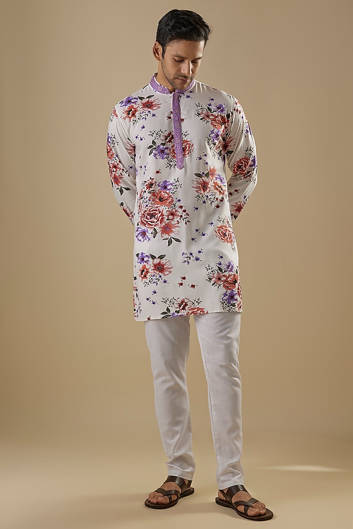 White Rayon Floral Printed & Embroidered Kurta Set by Spring Break Men