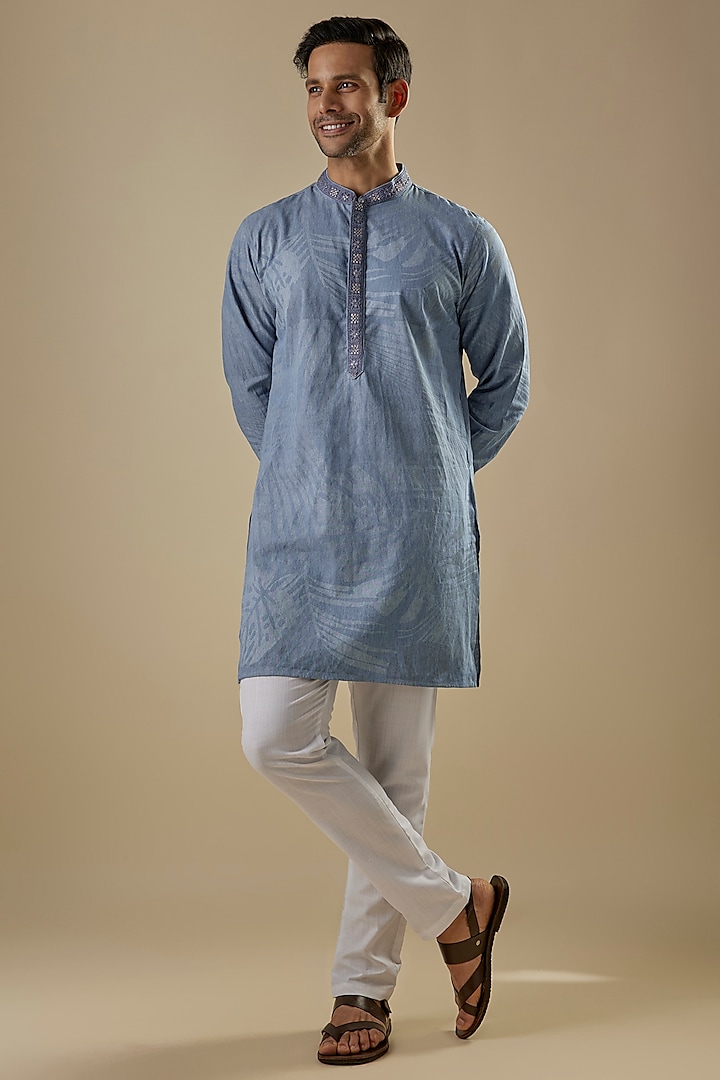 Light Blue Denim Tropical Printed & Embroidered Kurta Set by Spring Break Men