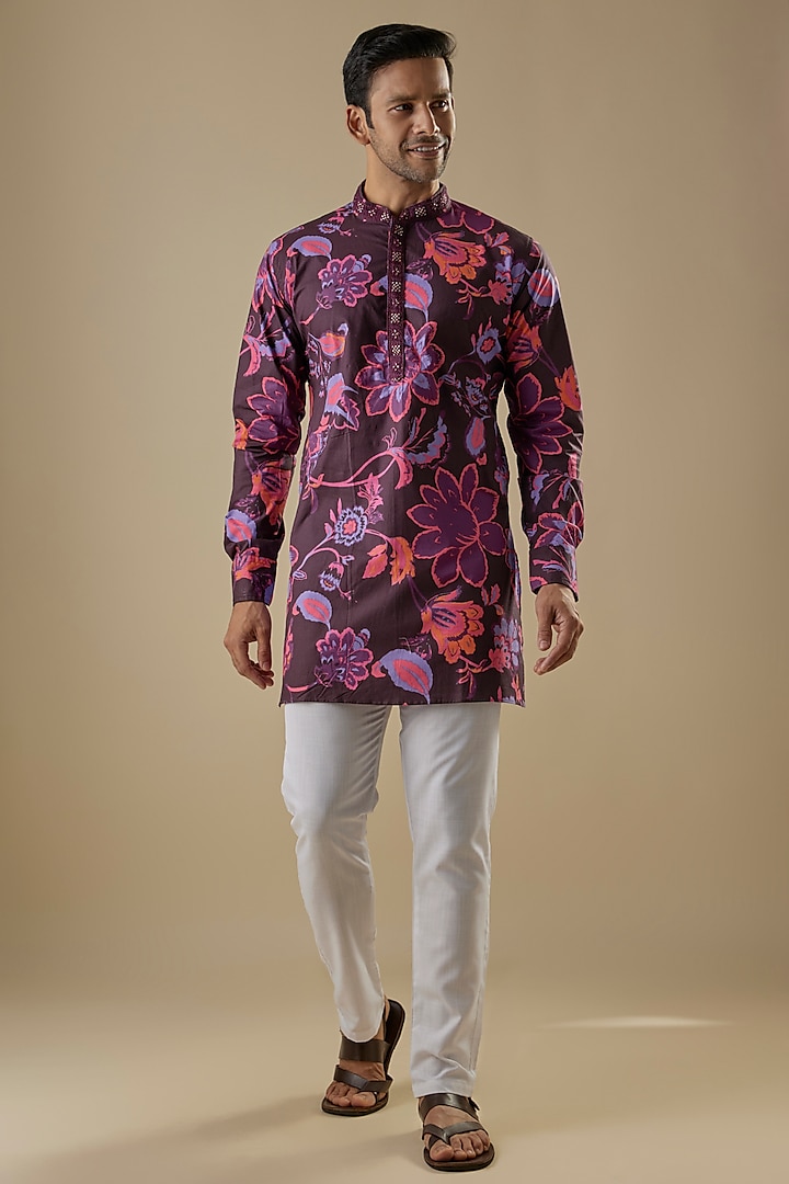 Multi-Colored Cotton Floral Printed & Embroidered Kurta Set by Spring Break Men