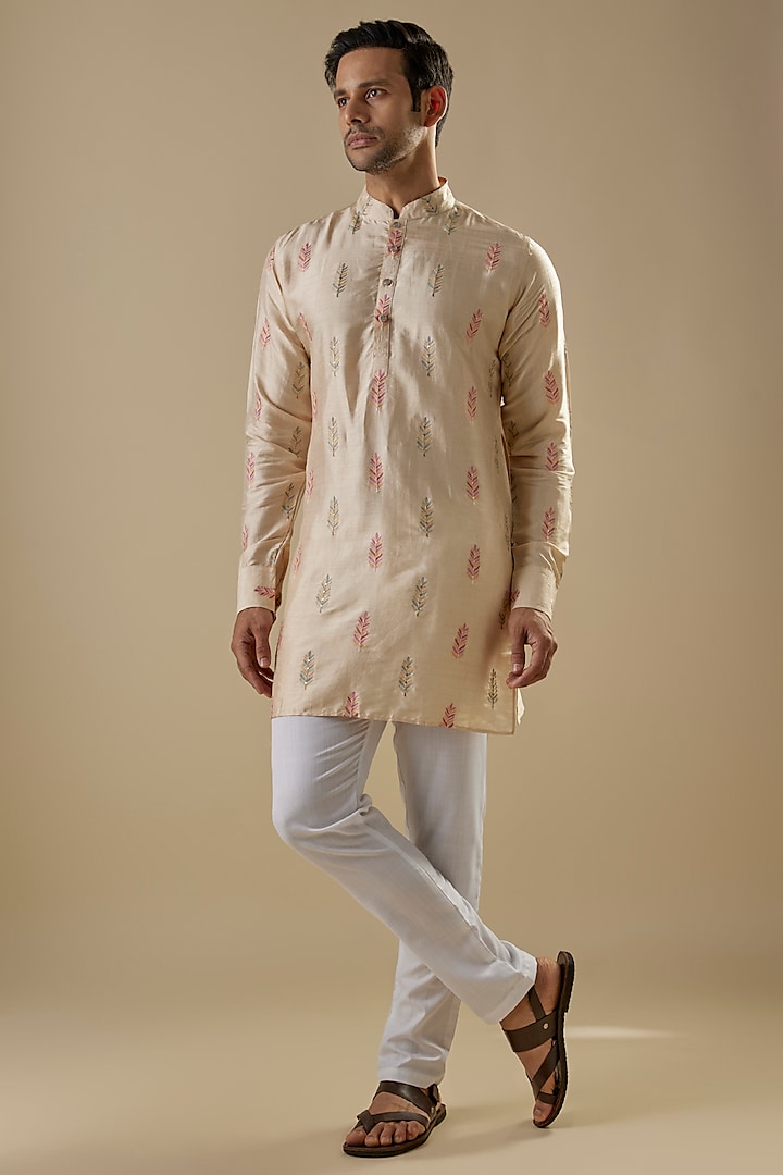 Beige Dupion Silk Embroidered Kurta Set by Spring Break Men