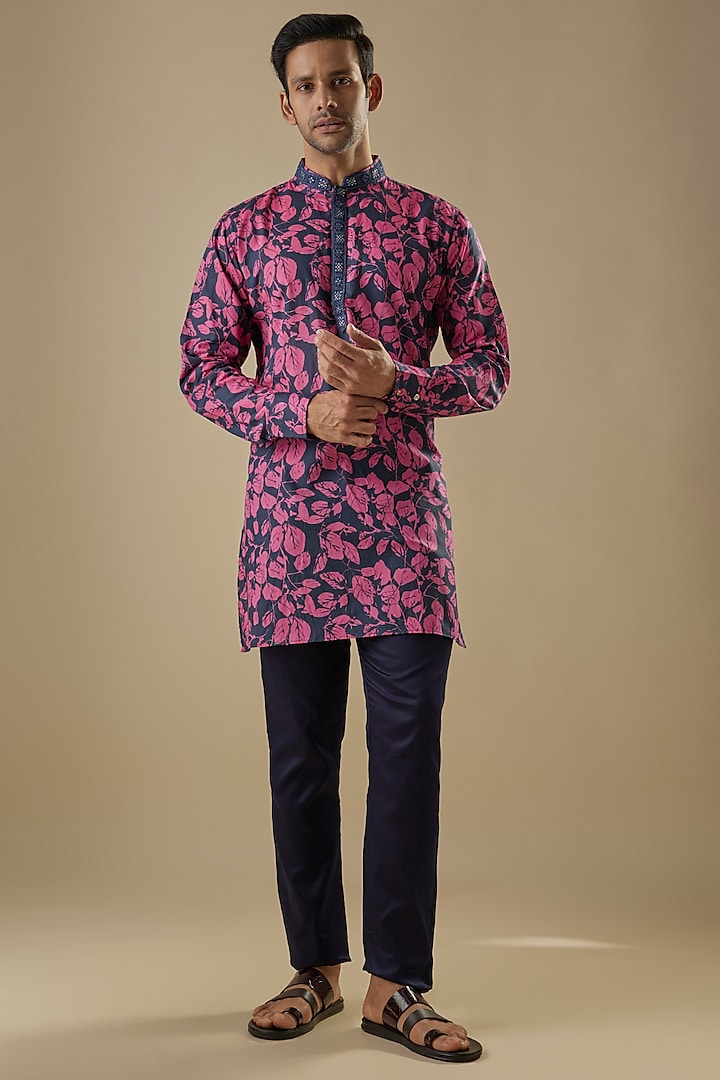 Pink & Navy Blue Cotton Tropical Printed Kurta Set by Spring Break Men at Pernia's Pop Up Shop