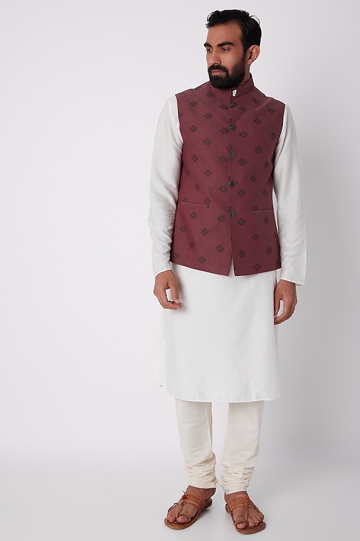 Wine Printed Bundi Jacket by Spring Break Men