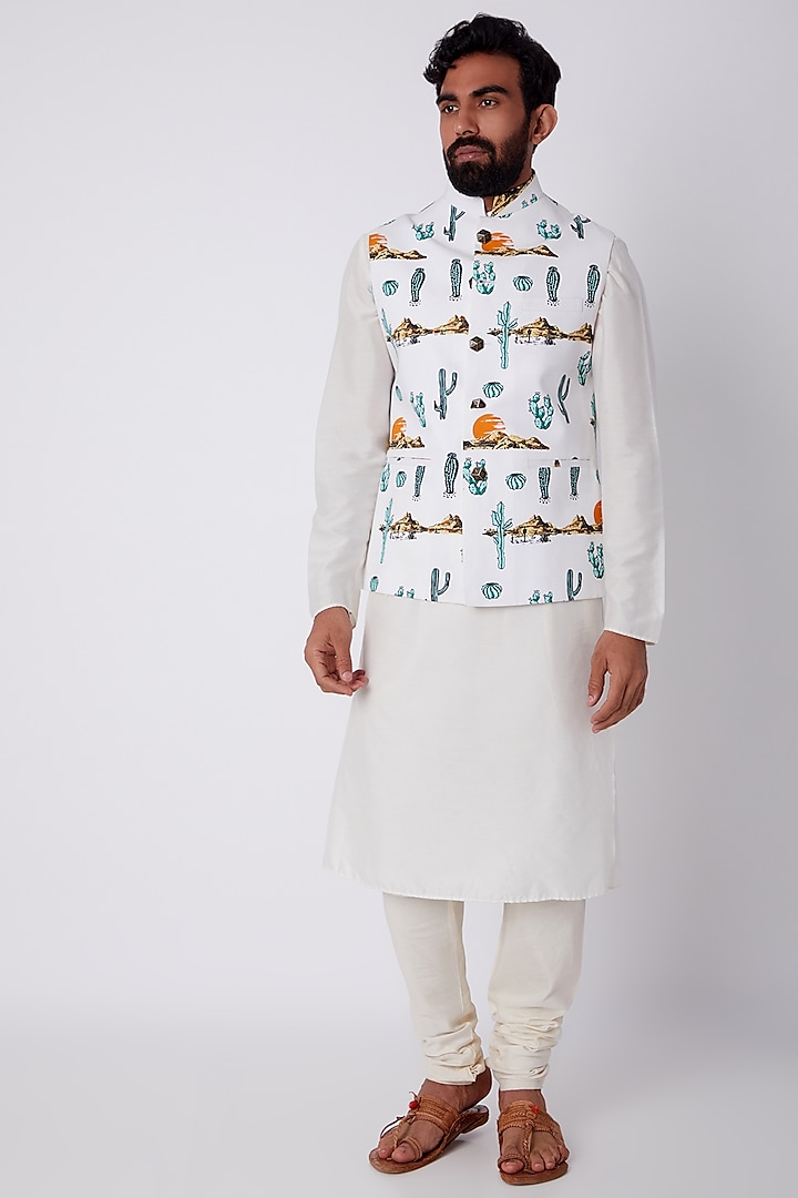White Printed Bundi Jacket by Spring Break Men