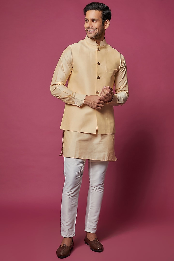 Beige Cotton Silk Bundi Jacket With Kurta Set by Spring Break Men