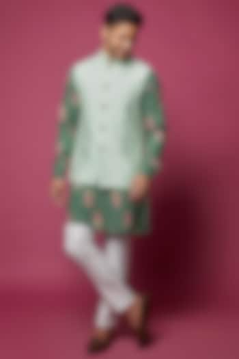 Mint Green Cotton Silk Bundi Jacket With Kurta Set by Spring Break Men