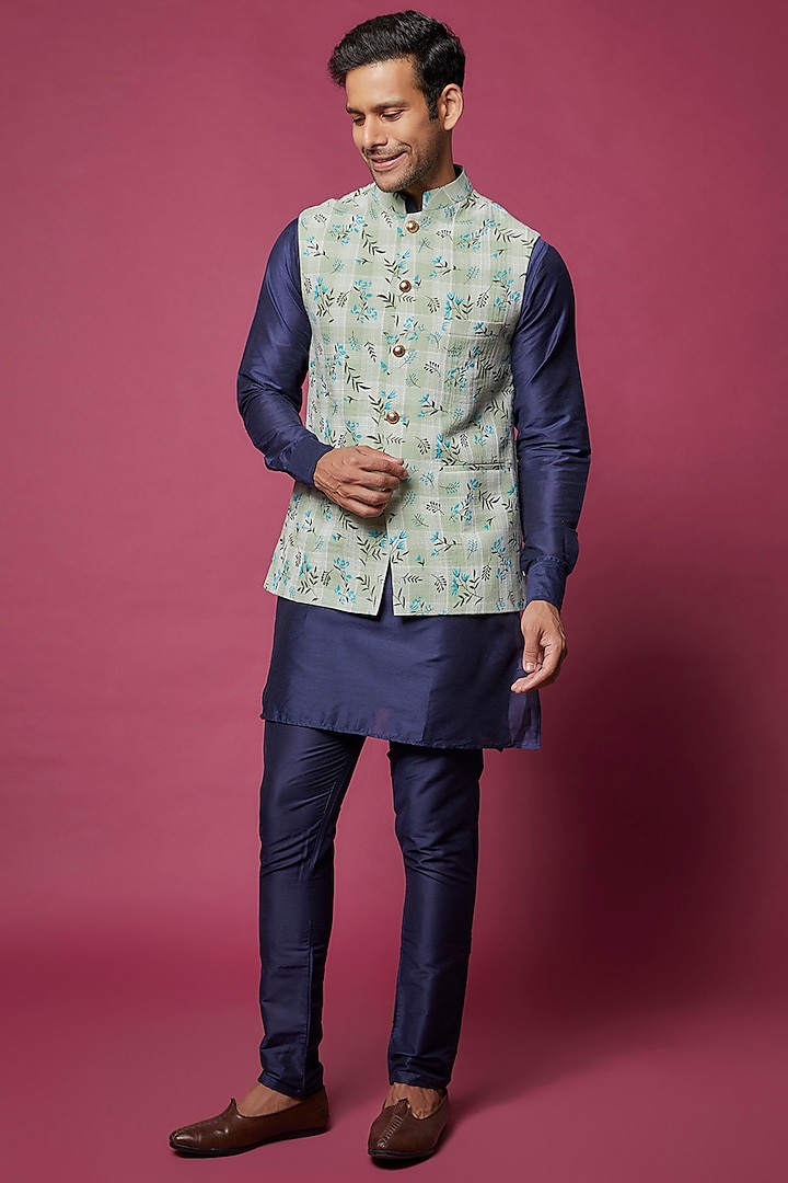 Mint Green Cotton Printed Bundi Jacket With Kurta Set by Spring Break Men