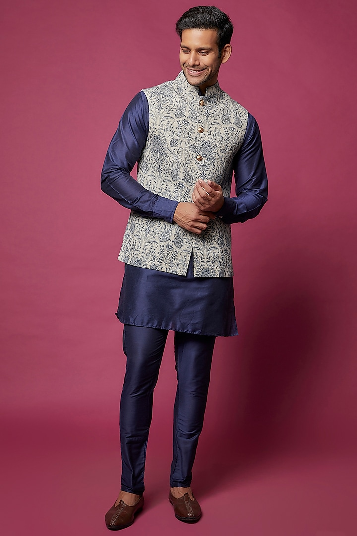 Beige Cotton Printed Bundi Jacket With Kurta Set by Spring Break Men