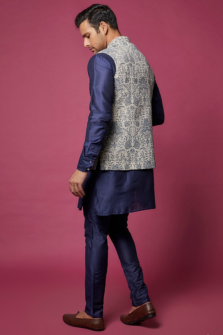 Beige Cotton Printed Bundi Jacket With Kurta Set by Spring Break Men at Pernia's Pop Up Shop